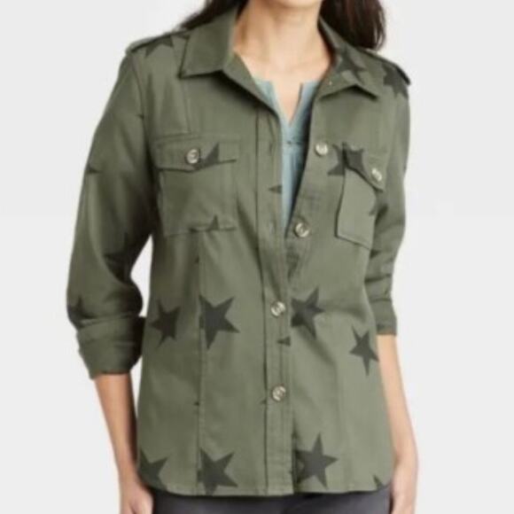 KNOX ROSE | Olive Army Green Star Print Button Front Utility Jacket Shacket | XL - Picture 1 of 8